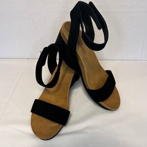 Lucky Brand Black Suede Wedge Sandals Hook and Loop Ankle Strap Women